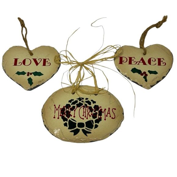 Vintage PLAIN JANE Hand Crafted Slate Holiday Heart and Oval Ornaments Set of 3 - Picture 1 of 9